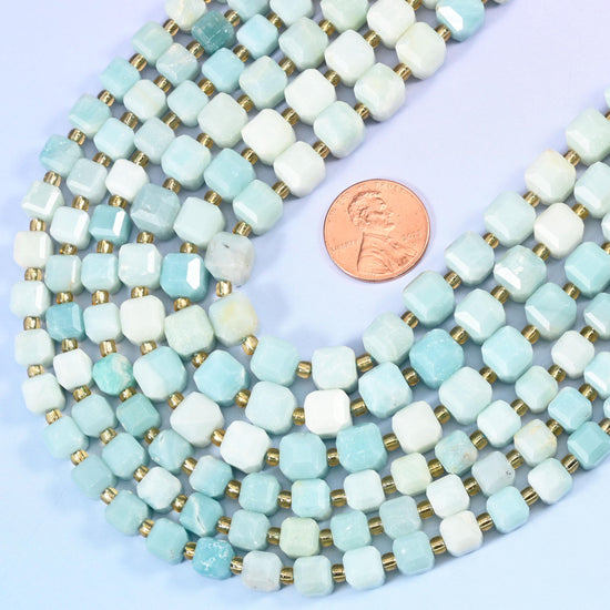 Faceted cube cut blue amazonite beads