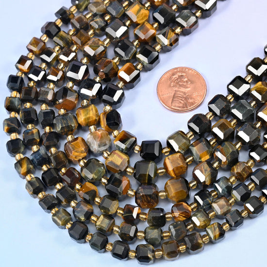 Faceted cube cut Iron Tiger Eye beads