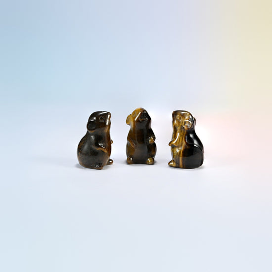 Three natural tiger eye mouse crystal carvings, 1.5 inch, golden brown