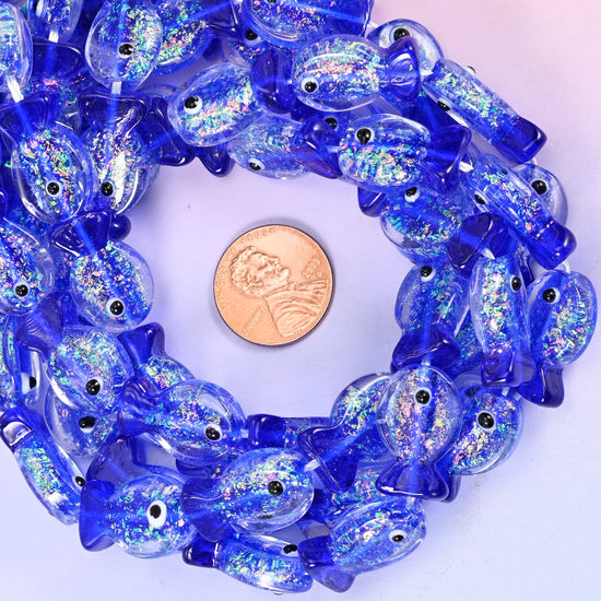 Iridescent Dark Blue Fish Glass Beads: Jewelry Making Supply