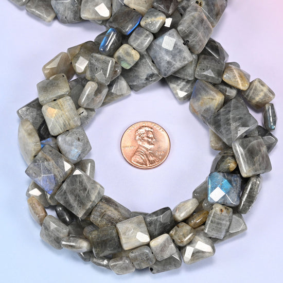 Gray Labradorite faceted flat square beads looped close, center drilled with a 1.0mm hole