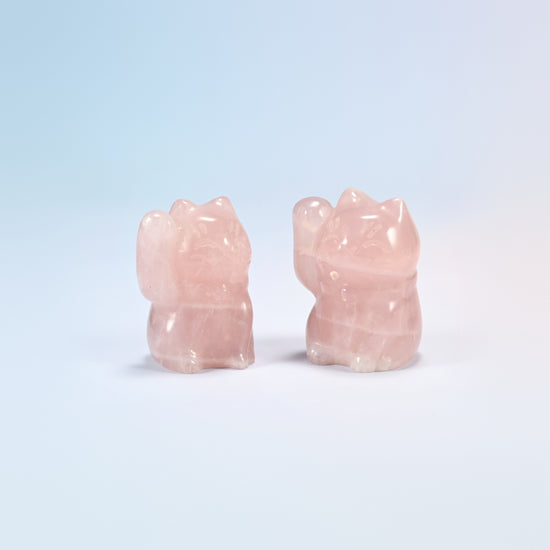 Two natural rose quartz waving cat crystal carvings, 1.8 inch, light pink