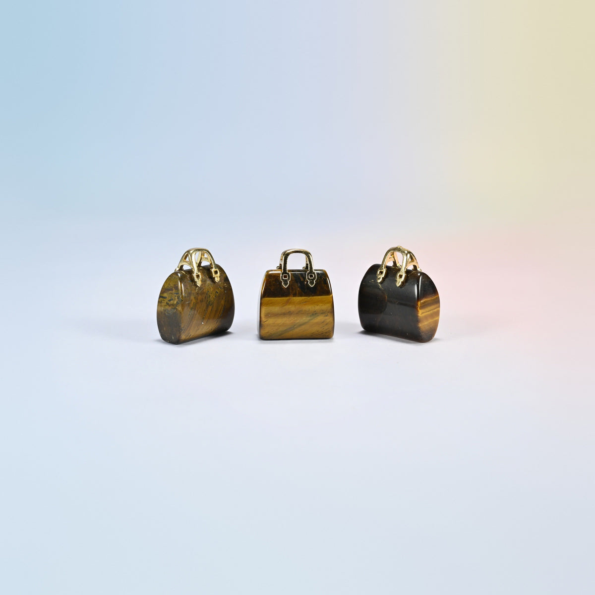Three tiger eye purse crystal carvings, 1 inch, golden brown natural stone with shimmering bands, gold-tone handle
