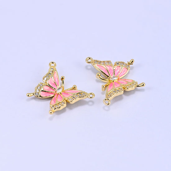 Enamel Pink Butterfly Zircon Pendants: 18K Gold Plated Double Connector, Jewelry Making Supply