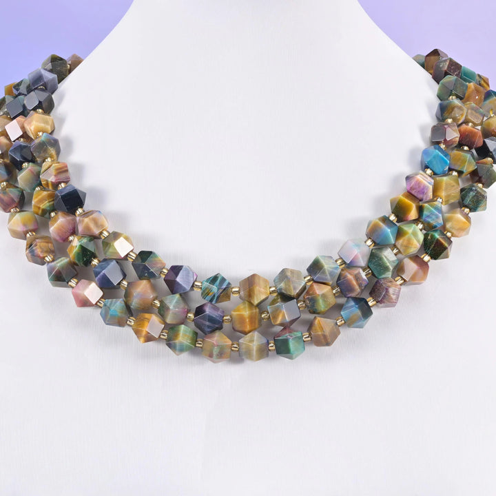 Colorful Galaxy Tiger Eye beads, faceted diamond rhombus, 10mm