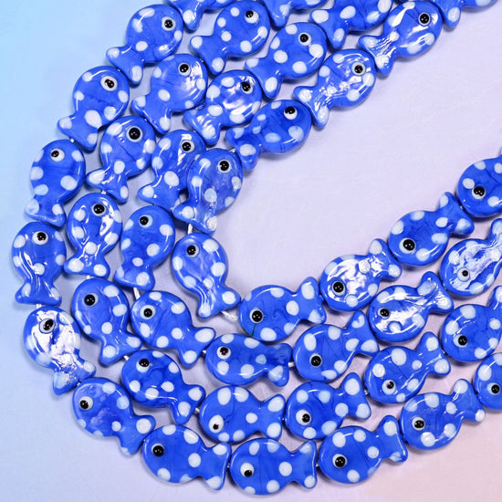 Blue White Dot Fish Glass Beads 19x12mm, 15.5 inch strand