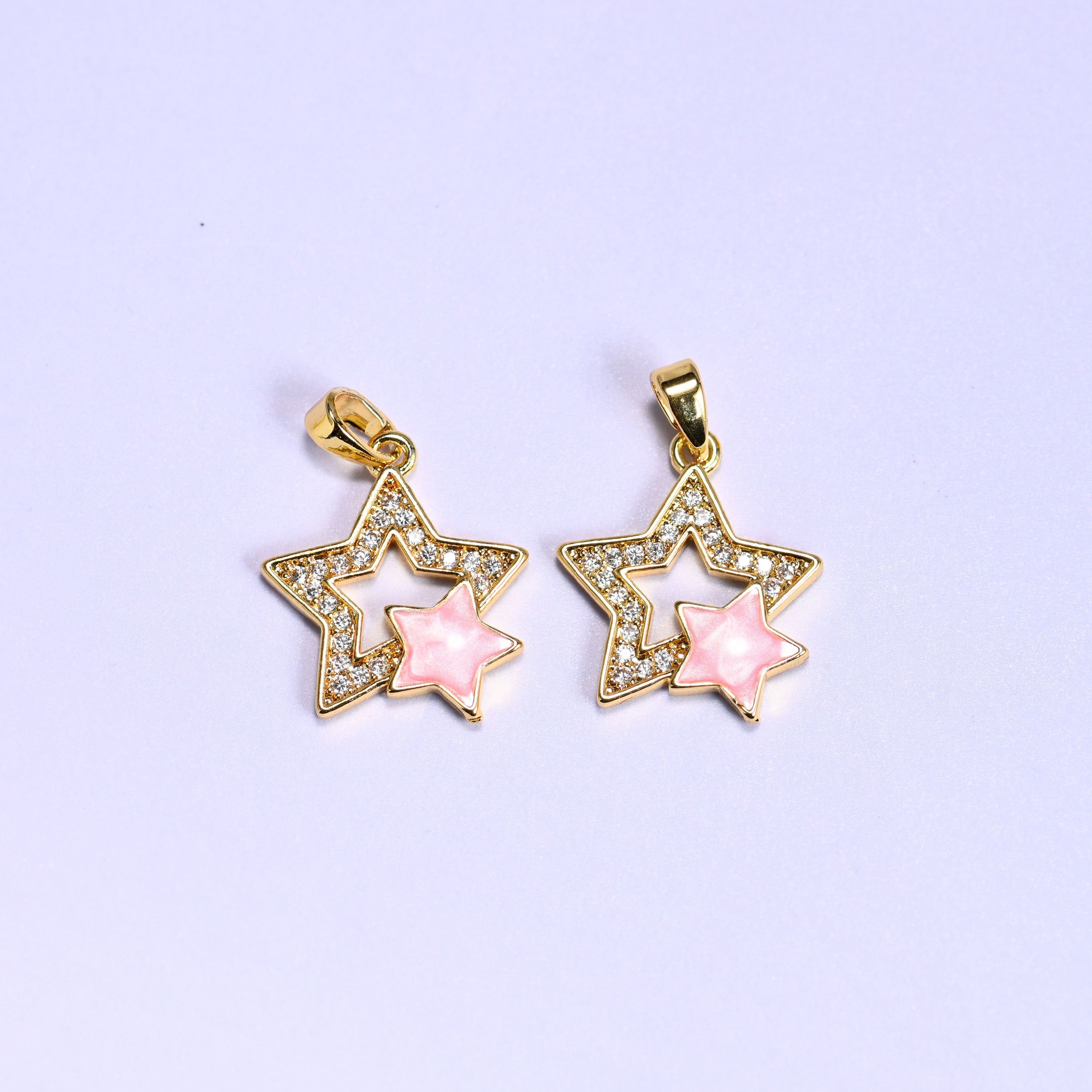 18K gold plated brass double star charm pendant, approx 19.18mm x 16.36mm