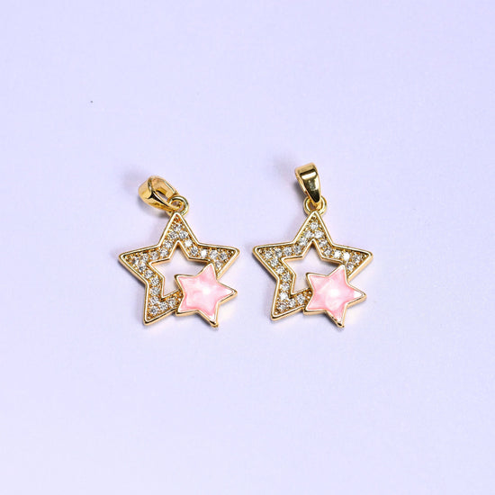 18K gold plated brass double star charm pendant, approx 19.18mm x 16.36mm
