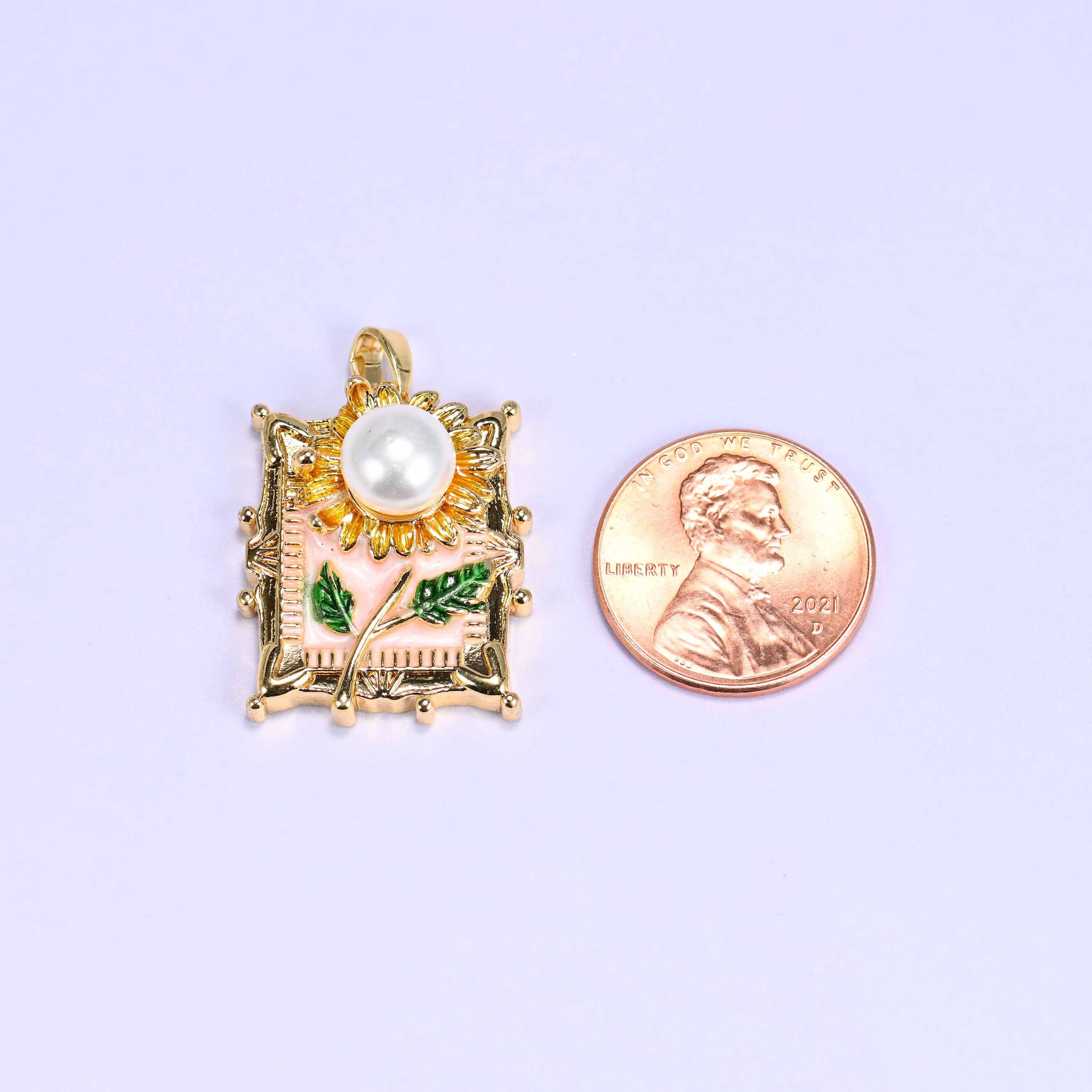 Ornate rectangular frame cut sunflower charm pendant