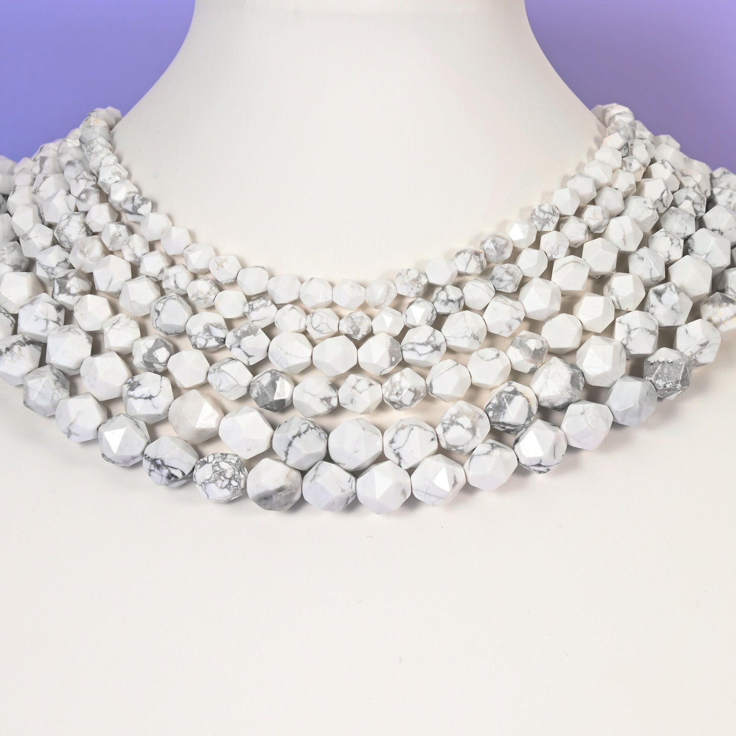 White Howlite beads, diamond star cut, 6mm to 10mm