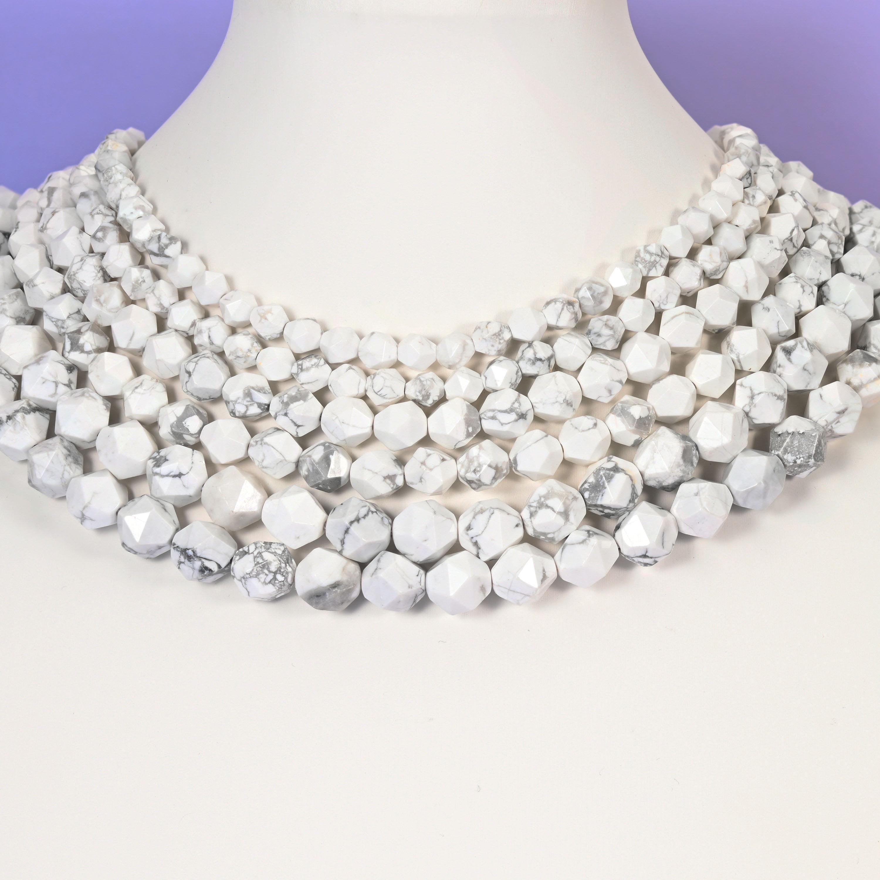 White Howlite beads, diamond star cut, 6mm to 10mm