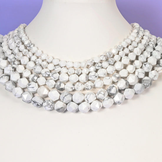 White Howlite beads, diamond star cut, 6mm to 10mm