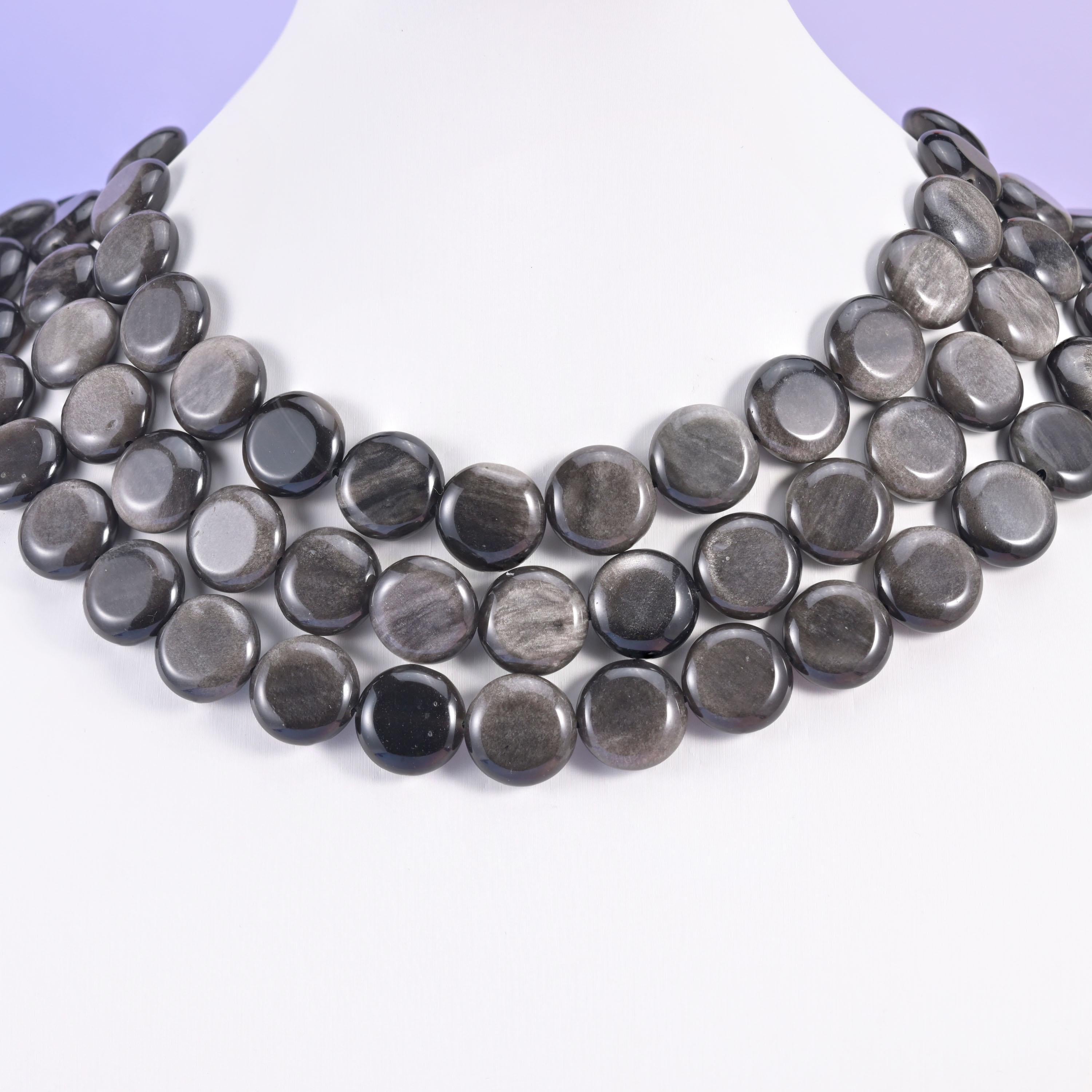 Silver Obsidian beads, coin shape, 15mm