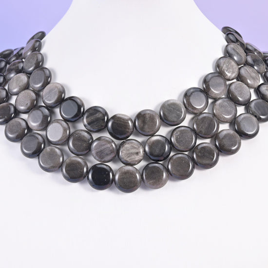 Silver Obsidian beads, coin shape, 15mm