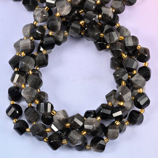 Natural silver obsidian stone beads in a 10mm faceted spiral twist cut