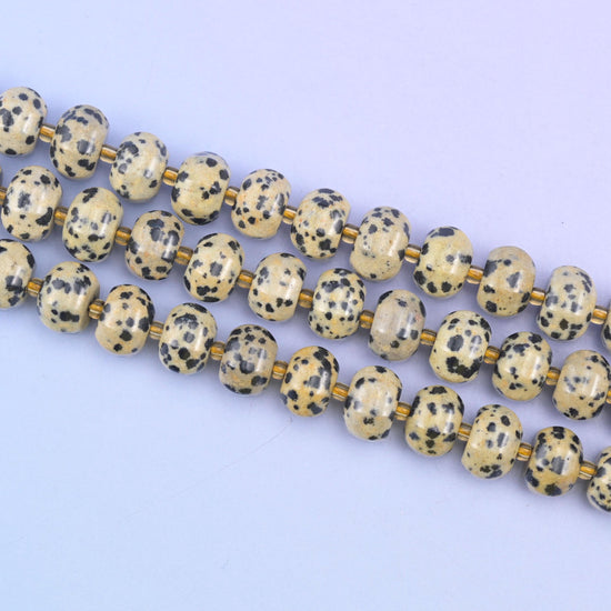 Dalmatian jasper beads in cream and beige with black spots