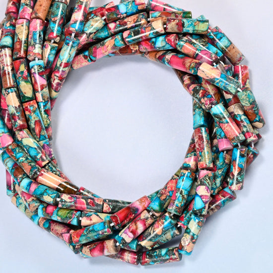 Dyed sea sediment jasper tube beads 13x4mm coiled into overlapping loops, whole strands of turquoise, pink and brown tubes