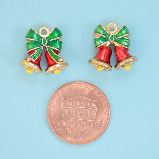 Christmas bell pair with a bow cut brass beads