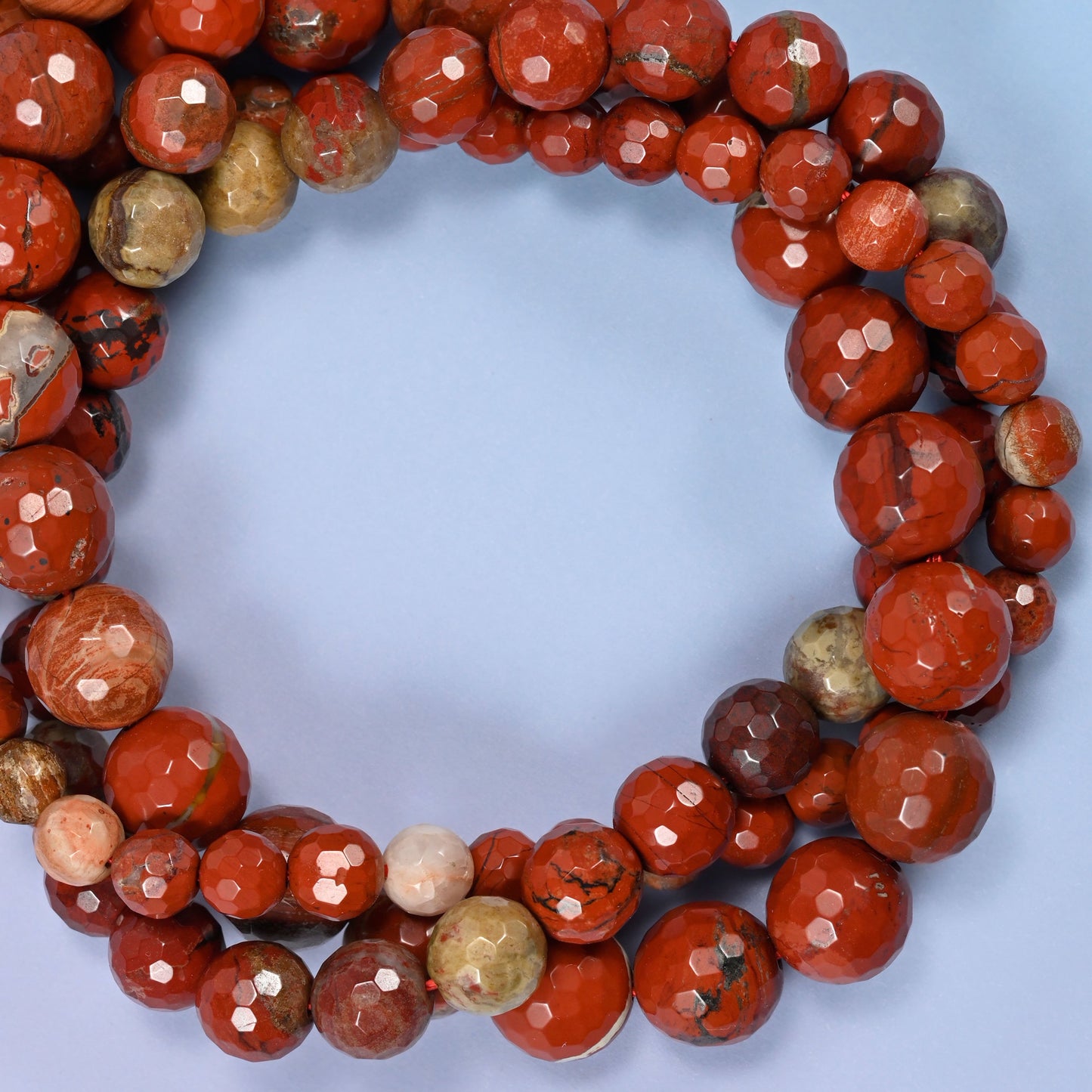 Flower red jasper faceted round beads in 6mm, 8mm, and 10mm, 15-inch strand, for jewelry making.