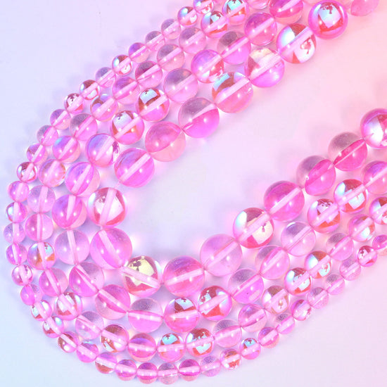 Mystic Aura Pink Round Glass Beads, 15 inch strand
