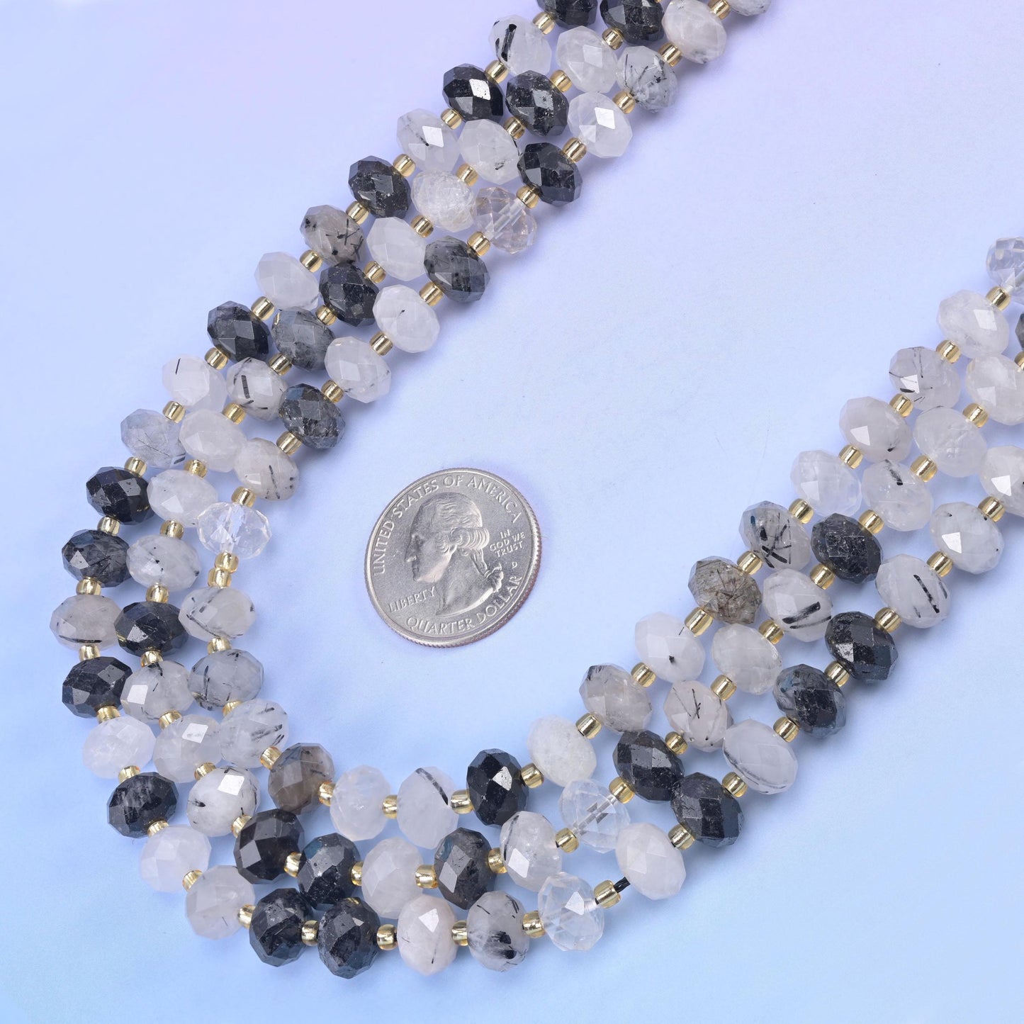 Black Rutilated Quartz Faceted Rondelle Beads in milky white with black needles