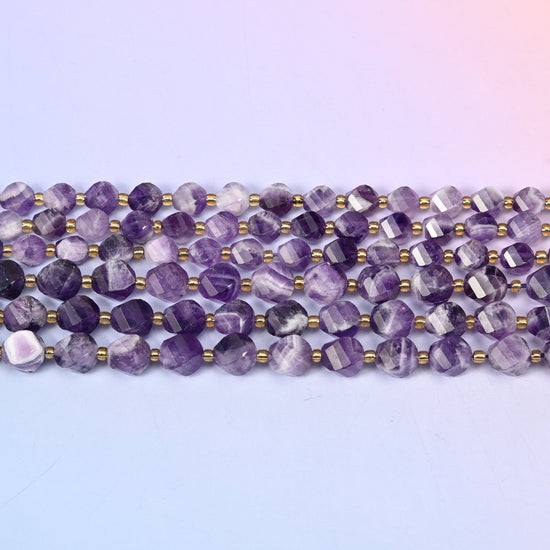 Chevron Amethyst Faceted Spiral Twist Beads: Size 8mm 10mm, Jewelry Making, 15 inch Strand