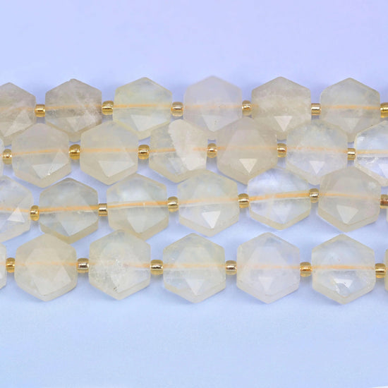 Flat faceted hexagon cut yellow quartz beads