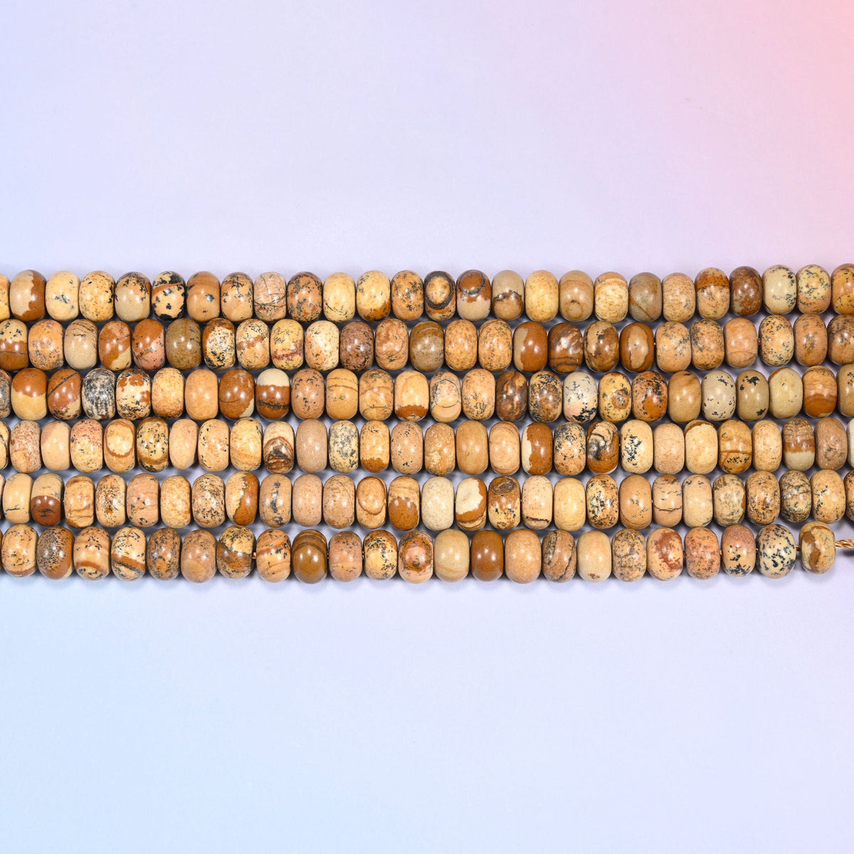 Natural Picture Jasper Rondelle Beads in warm tan, cream and rich brown tones.