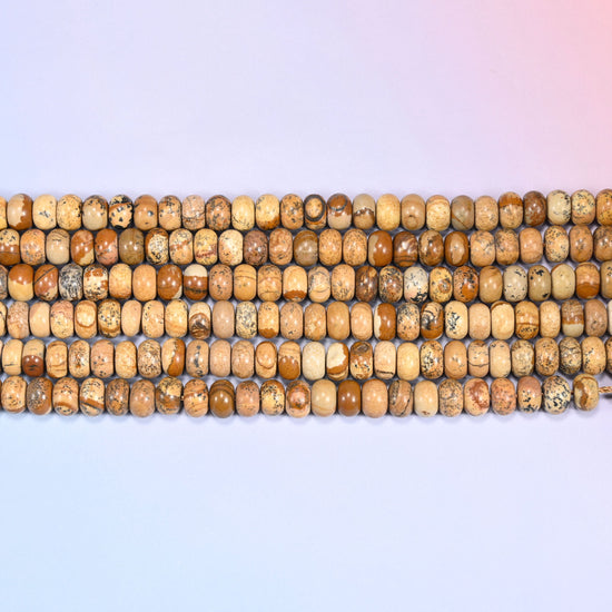 Natural Picture Jasper Rondelle Beads in warm tan, cream and rich brown tones.