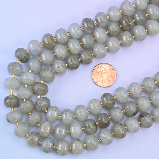 Gray labradorite pumpkin beads, 15 inch strand