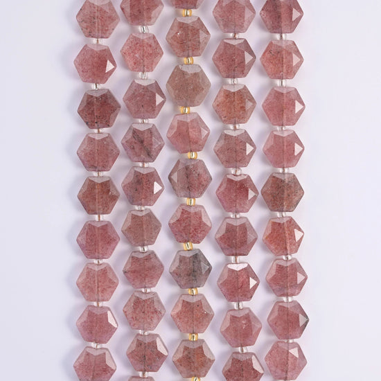 Strawberry Quartz hexagon beads, 15.5 inch strand.