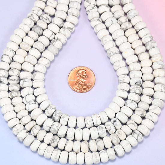 Natural White Howlite Rondelle Beads, approximately 72 beads (5x8mm) or 60 beads (6x10mm) per strand.
