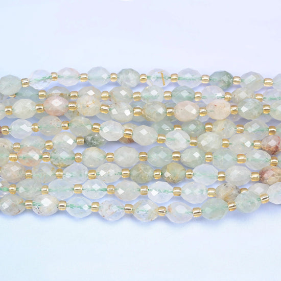 Green Rutilated Quartz Faceted Rice Barrel Beads, 15.5 inch strand