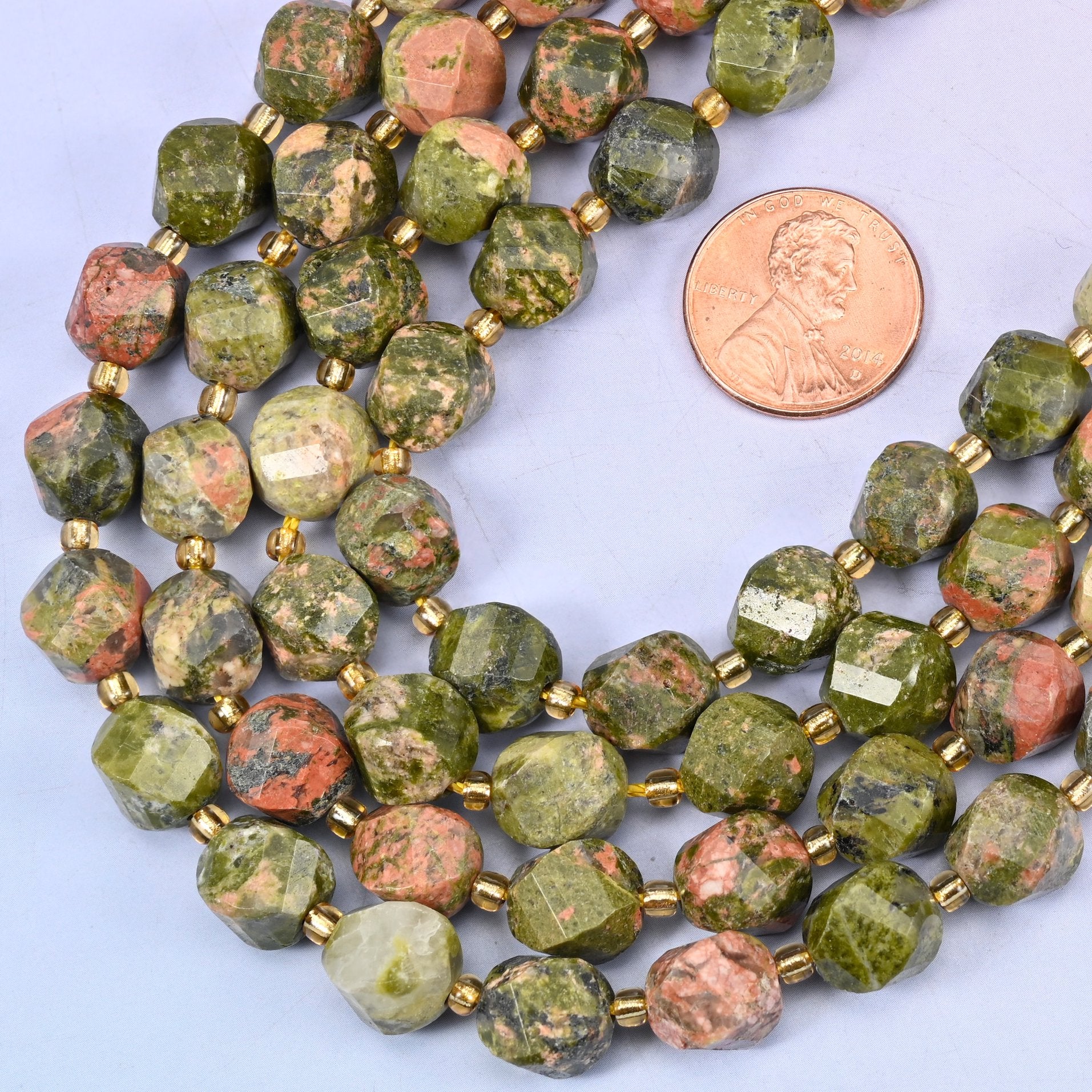 Unakite natural stone beads showing green and pink mottling, 10mm spiral twist
