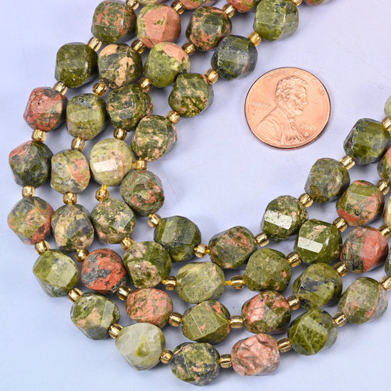 Unakite natural stone beads showing green and pink mottling, 10mm spiral twist