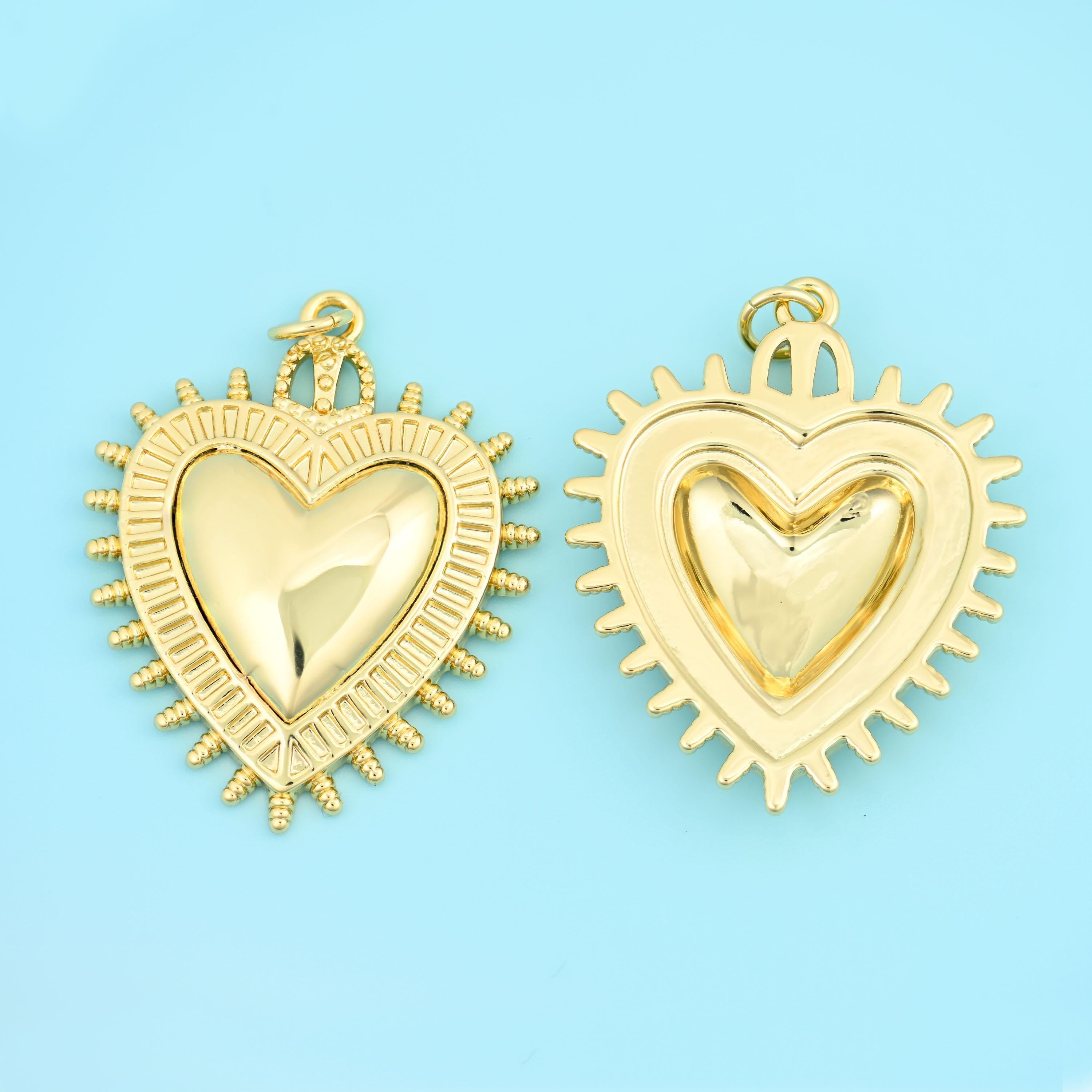Brass, 18K gold filled — lead free and nickel free beads, spiked heart, 31.83 x 25.50mm
