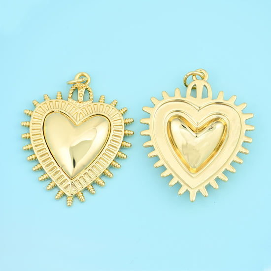 Brass, 18K gold filled — lead free and nickel free beads, spiked heart, 31.83 x 25.50mm
