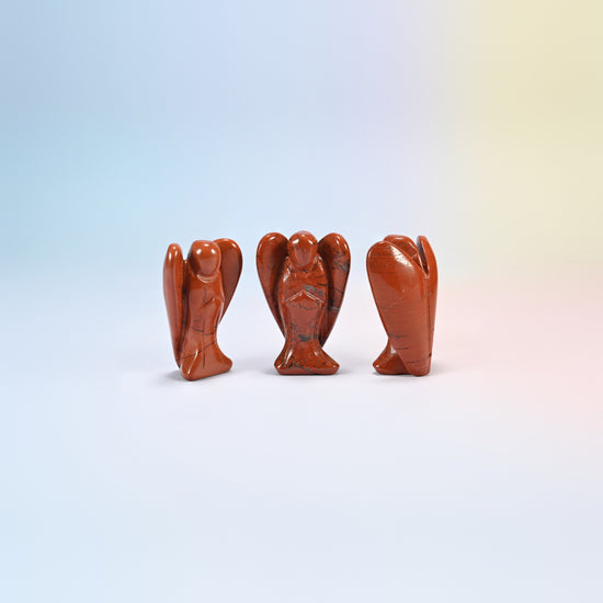 Three natural red jasper guardian angel carvings, brick red, 2 inch