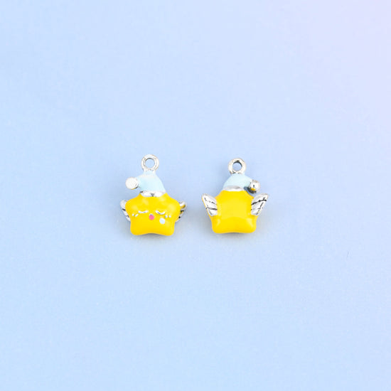 Two star charms in light blue hats, front and back, yellow enamel star with silver-tone wings.