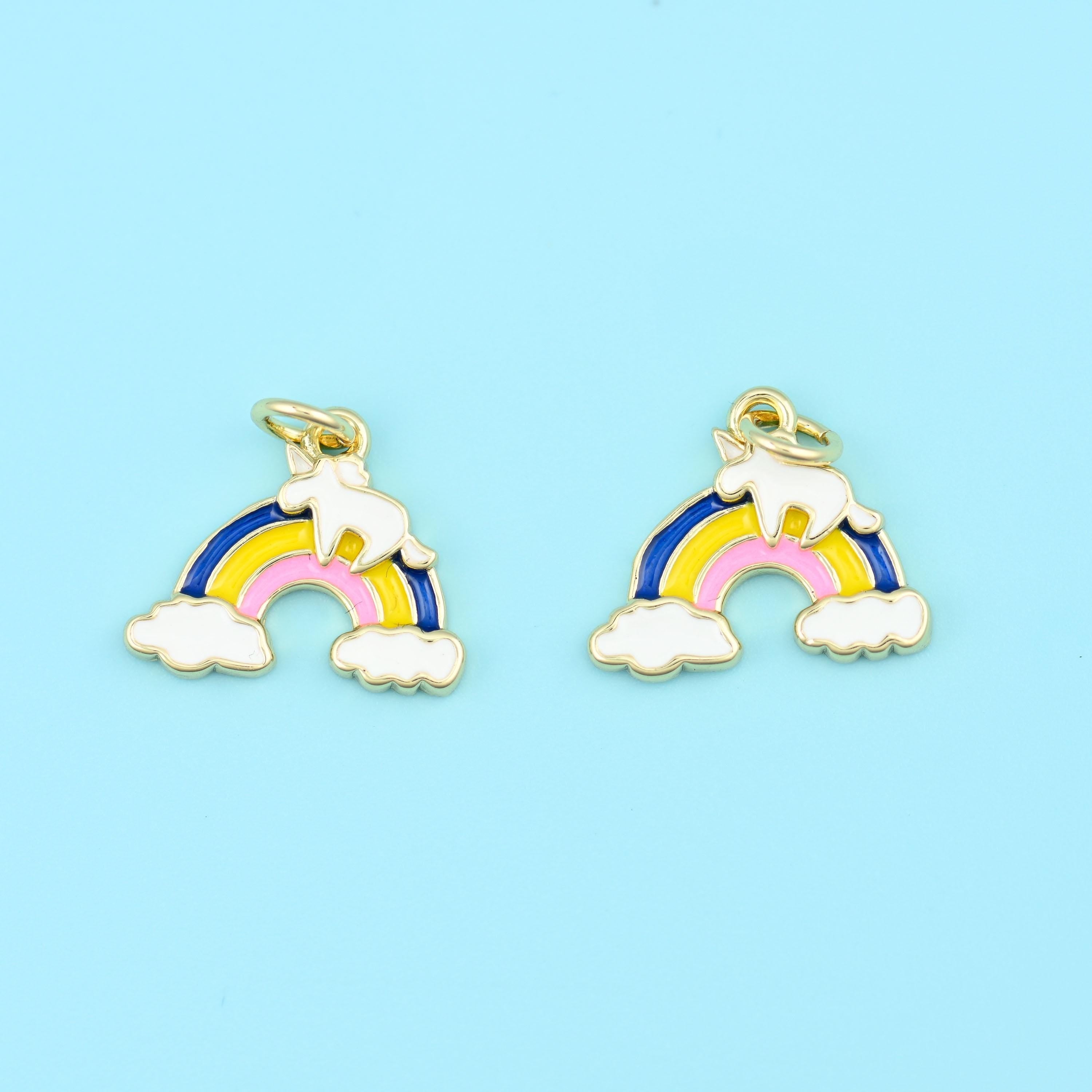 An arched rainbow sitting on two white enamel clouds, banded in glossy enamel and outlined in bright 18K gold filled brass…