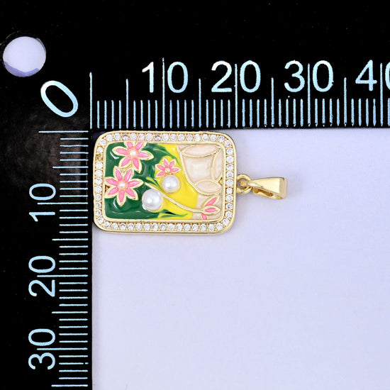 Flower Pearl Zircon Rectangle Pendants: 18K Gold Plated Charms, Jewelry Making Supply