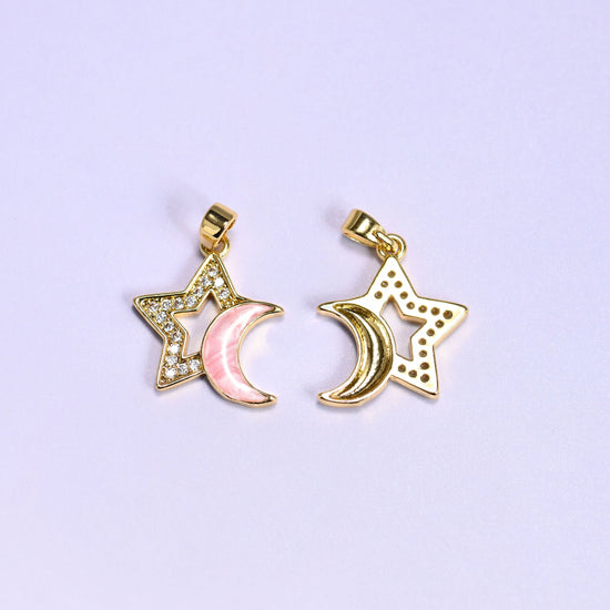 Star moon charm with a shell crescent moon and zircon pave star