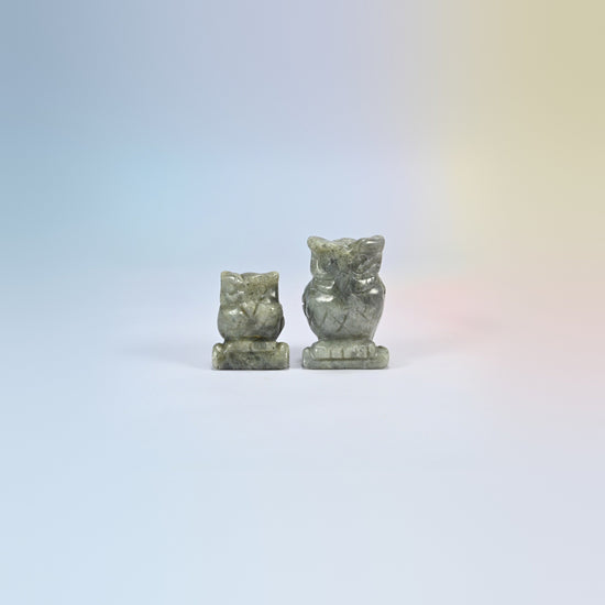 Owl crystal carving in gray labradorite, gray-green natural stone