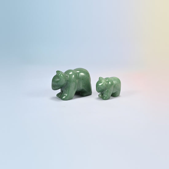 A 2 inch and a 1.5 inch green aventurine bear crystal carving, green natural stone