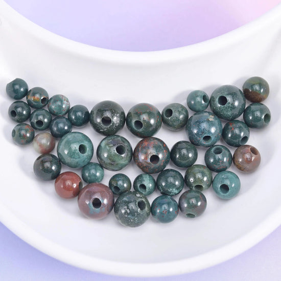 Oriental Jasper Large Hole Round Beads 6mm 8mm 10mm in teal green with rust brown, grey and moss mottling