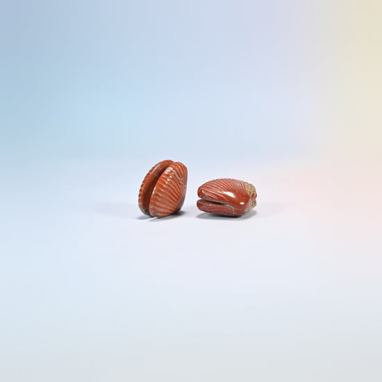 Two red jasper clam shell crystal carvings, 1.5 inch, brick red natural stone