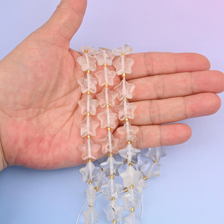 Clear Quartz star beads, faceted, 5-pointed, 14mm.