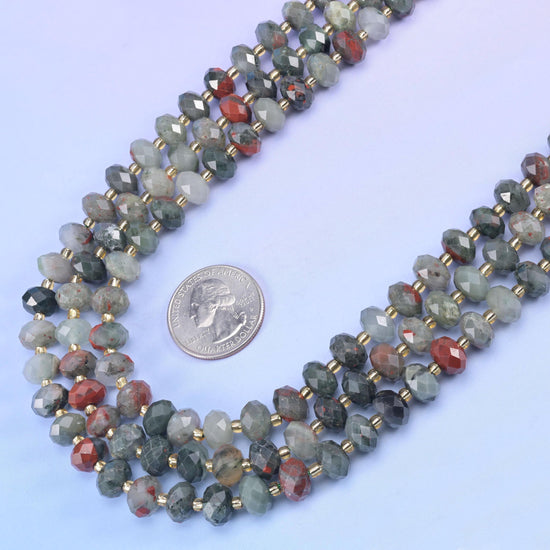 African Bloodstone Faceted Rondelle Beads 6x10mm in grey-green with rust red and pale cloudy quartz