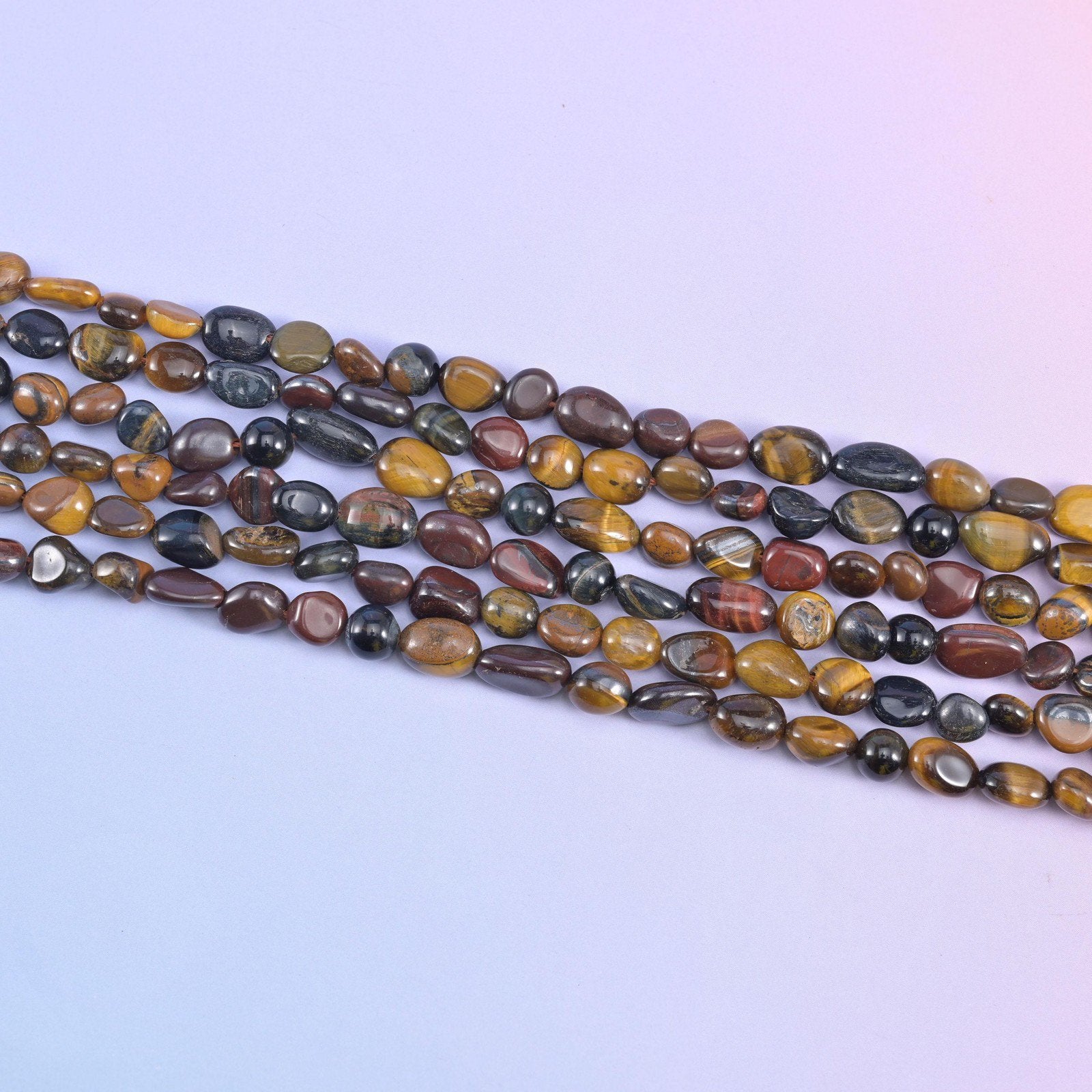 Tricolor Tiger Eye Pebble Nugget Beads in honey gold, oxblood red-brown and slate grey