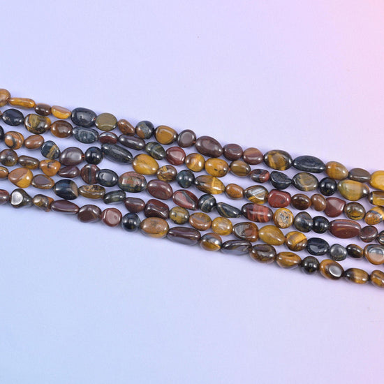 Tricolor Tiger Eye Pebble Nugget Beads in honey gold, oxblood red-brown and slate grey